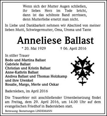 Traueranzeige von Anneliese Ballast  von Magdeburger Volksstimme