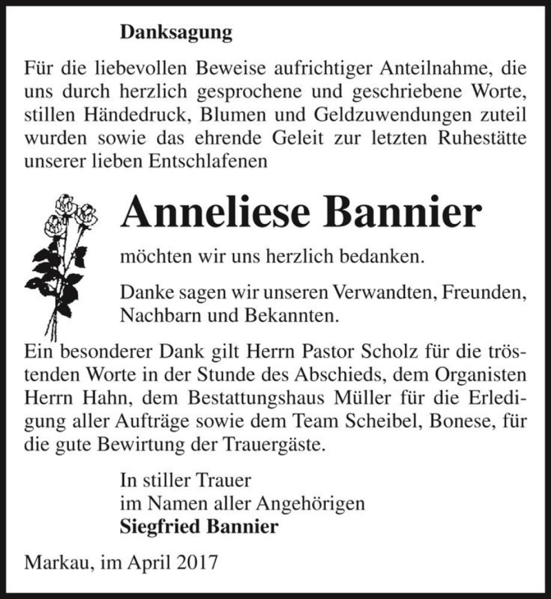  Traueranzeige für Anneliese Bannier  vom 08.04.2017 aus Magdeburger Volksstimme