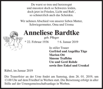 Traueranzeige von Anneliese Bardtke (geb. Pfleger)  von Magdeburger Volksstimme