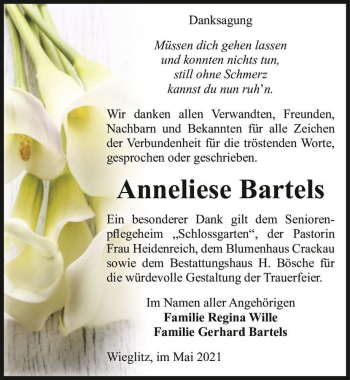 Traueranzeige von Anneliese Bartels  von Magdeburger Volksstimme