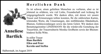 Traueranzeige von Anneliese Bartlick  von Magdeburger Volksstimme