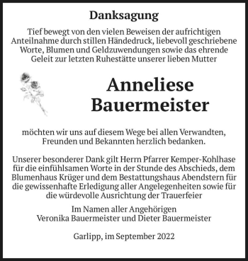 Traueranzeige von Anneliese Bauermeister  von Magdeburger Volksstimme