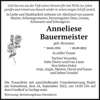 Traueranzeige von Anneliese Bauermeister (geb. Hermann)  von Magdeburger Volksstimme