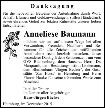 Traueranzeige von Anneliese Baumann  von Magdeburger Volksstimme
