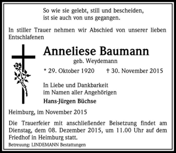 Traueranzeige von Anneliese Baumann (geb. Weydemann)  von Magdeburger Volksstimme
