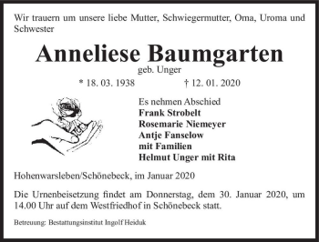 Traueranzeige von Anneliese Baumgarten (geb. Unger)  von Magdeburger Volksstimme