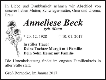 Traueranzeige von Anneliese Beck (geb. Mann)  von Magdeburger Volksstimme