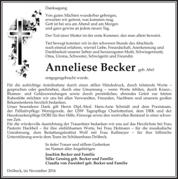 Traueranzeige von Anneliese Becker (geb. Abel)  von Magdeburger Volksstimme