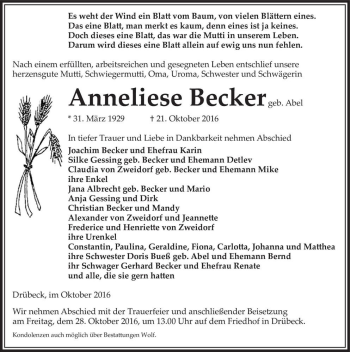Traueranzeige von Anneliese Becker (geb. Abel)  von Magdeburger Volksstimme