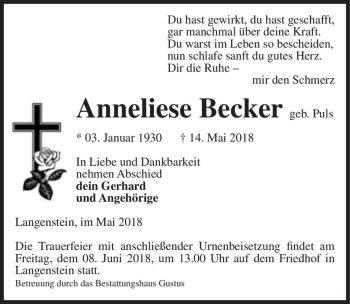 Traueranzeige von Anneliese Becker (geb. Puls)  von Magdeburger Volksstimme