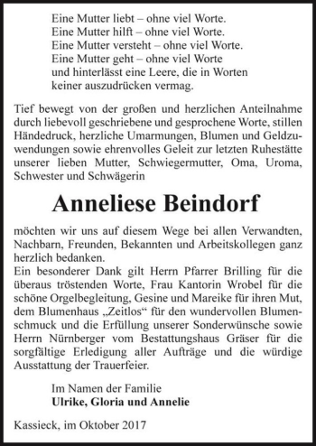 Traueranzeige von Anneliese Beindorf  von Magdeburger Volksstimme