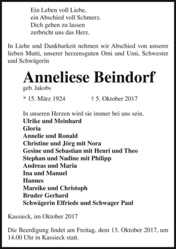 Traueranzeige von Anneliese Beindorf (geb. Jakobs)  von Magdeburger Volksstimme