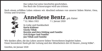 Traueranzeige von Anneliese Bentz (geb. Kaiser)  von Magdeburger Volksstimme