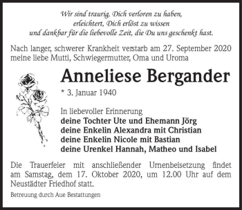 Traueranzeige von Anneliese Bergander  von Magdeburger Volksstimme