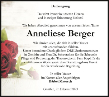 Traueranzeige von Anneliese Berger  von Magdeburger Volksstimme