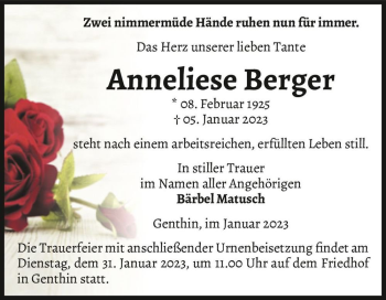 Traueranzeige von Anneliese Berger  von Magdeburger Volksstimme