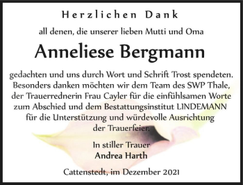 Traueranzeige von Anneliese Bergmann  von Magdeburger Volksstimme