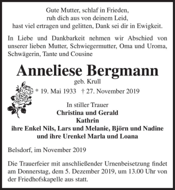 Traueranzeige von Anneliese Bergmann (geb. Krull)  von Magdeburger Volksstimme