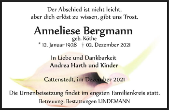 Traueranzeige von Anneliese Bergmann (geb. Köthe)  von Magdeburger Volksstimme