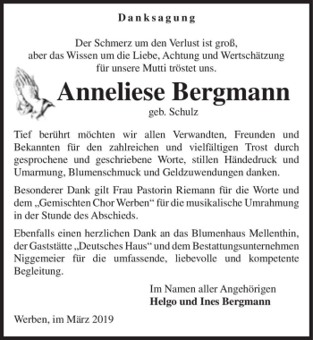 Traueranzeige von Anneliese Bergmann (geb. Schulz)  von Magdeburger Volksstimme