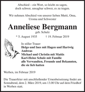 Traueranzeige von Anneliese Bergmann (geb. Schulz)  von Magdeburger Volksstimme