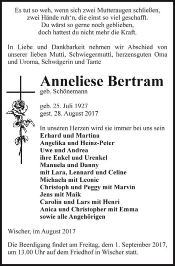Traueranzeige von Anneliese Bertram (geb. Schönemann)  von Magdeburger Volksstimme