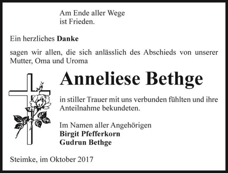  Traueranzeige für Anneliese Bethge  vom 04.11.2017 aus Magdeburger Volksstimme