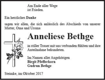 Traueranzeige von Anneliese Bethge  von Magdeburger Volksstimme