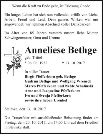 Traueranzeige von Anneliese Bethge (geb. Trittel)  von Magdeburger Volksstimme