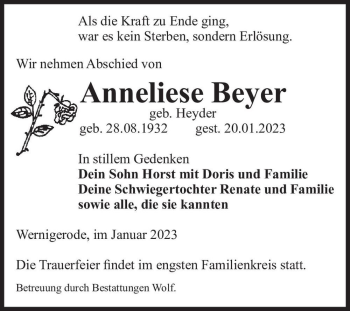 Traueranzeige von Anneliese Beyer (geb. Heyder)  von Magdeburger Volksstimme
