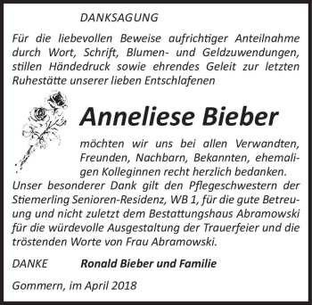 Traueranzeige von Anneliese Bieber  von Magdeburger Volksstimme