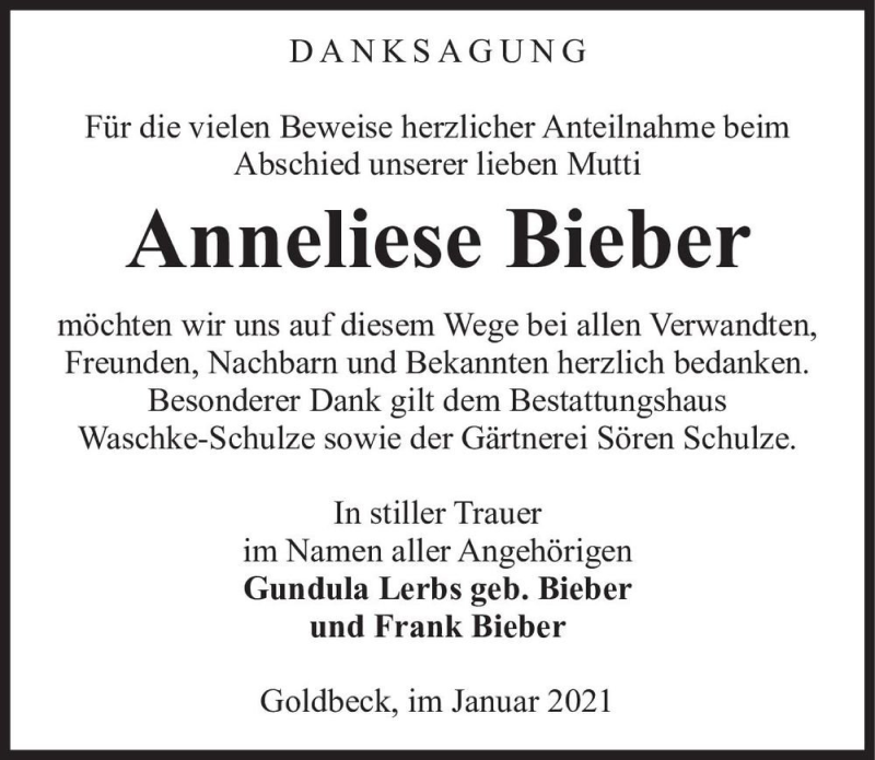  Traueranzeige für Anneliese Bieber  vom 27.01.2021 aus Magdeburger Volksstimme