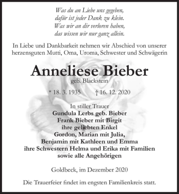 Traueranzeige von Anneliese Bieber (geb. Blackstein)  von Magdeburger Volksstimme