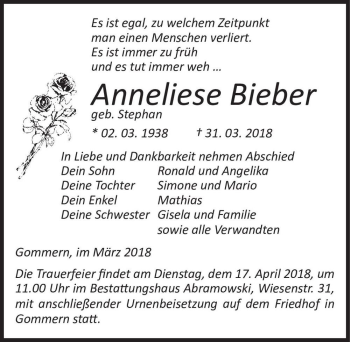 Traueranzeige von Anneliese Bieber (geb. Stephan)  von Magdeburger Volksstimme