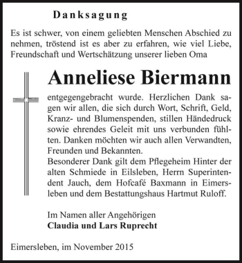 Traueranzeige von Anneliese Biermann  von Magdeburger Volksstimme