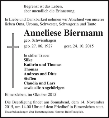 Traueranzeige von Anneliese Biermann (geb. Schwienhagen)  von Magdeburger Volksstimme