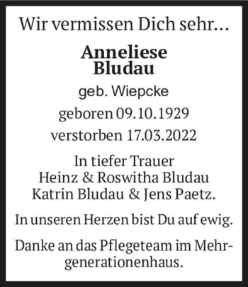 Traueranzeige von Anneliese Bludau (geb. Wiepcke)  von Magdeburger Volksstimme
