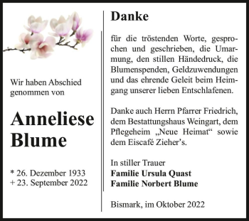 Traueranzeige von Anneliese Blume  von Magdeburger Volksstimme