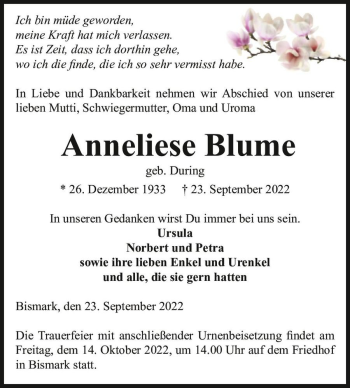 Traueranzeige von Anneliese Blume (geb. During)  von Magdeburger Volksstimme