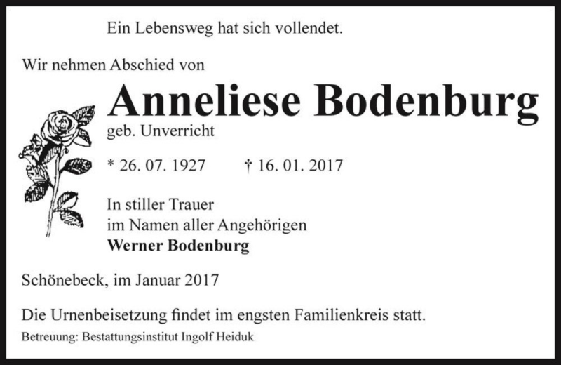  Traueranzeige für Anneliese Bodenburg (geb. Unverricht)  vom 28.01.2017 aus Magdeburger Volksstimme