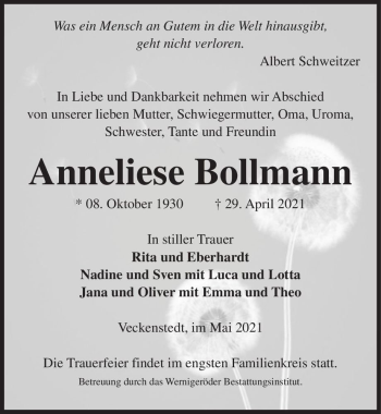 Traueranzeige von Anneliese Bollmann  von Magdeburger Volksstimme