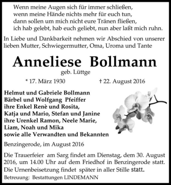 Traueranzeige von Anneliese Bollmann (geb. Lüttge)  von Magdeburger Volksstimme
