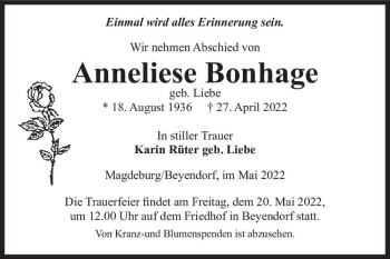 Traueranzeige von Anneliese Bonhage (geb. Liebe)  von Magdeburger Volksstimme