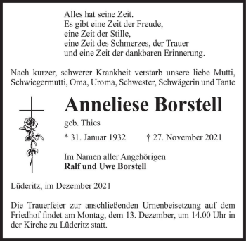 Traueranzeige von Anneliese Borstell (geb. Thies)  von Magdeburger Volksstimme