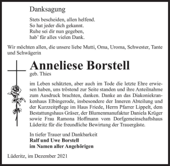 Traueranzeige von Anneliese Borstell (geb. Thies)  von Magdeburger Volksstimme