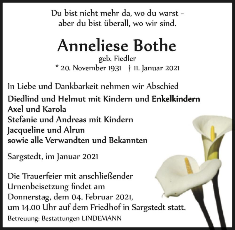  Traueranzeige für Anneliese Bothe (geb. Fiedler)  vom 23.01.2021 aus Magdeburger Volksstimme