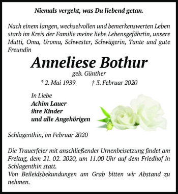 Traueranzeige von Anneliese Bothur (geb. Günther)  von Magdeburger Volksstimme