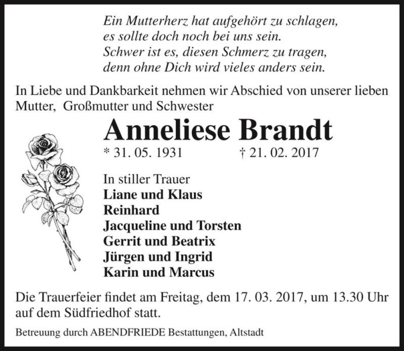  Traueranzeige für Anneliese Brandt  vom 11.03.2017 aus Magdeburger Volksstimme