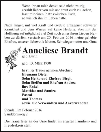 Traueranzeige von Anneliese Brandt (geb. Barth)  von Magdeburger Volksstimme