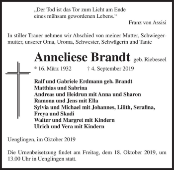 Traueranzeige von Anneliese Brandt (geb. Riebeseel)  von Magdeburger Volksstimme